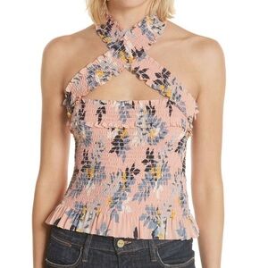 Cinq a Sept Donya Pink Floral Smocked Silk Ruffle Cross Cross Halter Top
